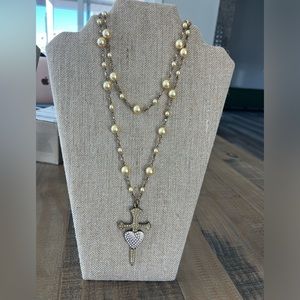 Designer SISI AMBER Double Strand Pearl & Metal Heart & Dagger Pendant Necklace